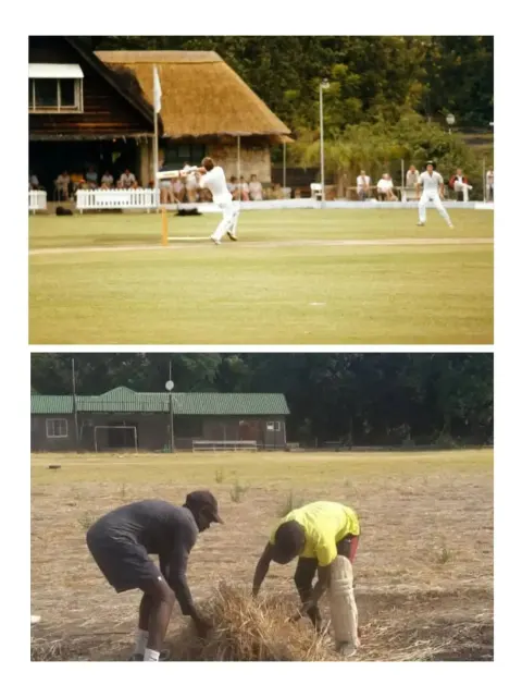 Top: Hwange Cricket Club in the 90s; Bottom: Same venue in 2026.